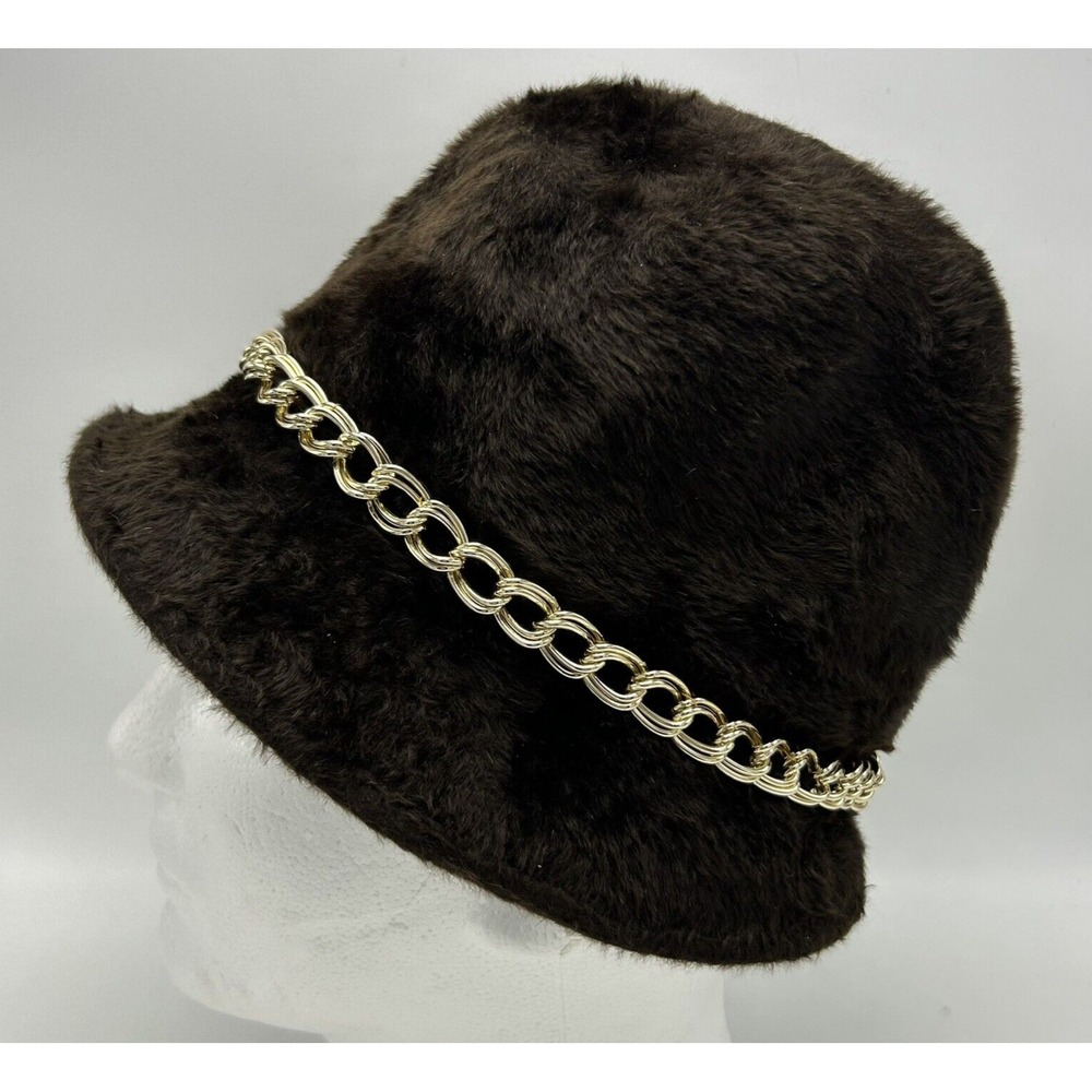 Vintage Hat Womens 60s Mr John Classic Brown Faux Fur Chain Italy Fuzzy Read
